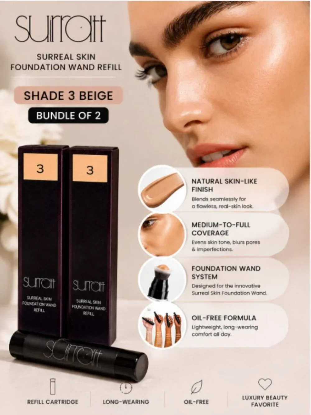 Surratt Surreal Skin Foundation Wand Refill Shade 3 Beige Bundle of 2 NIB